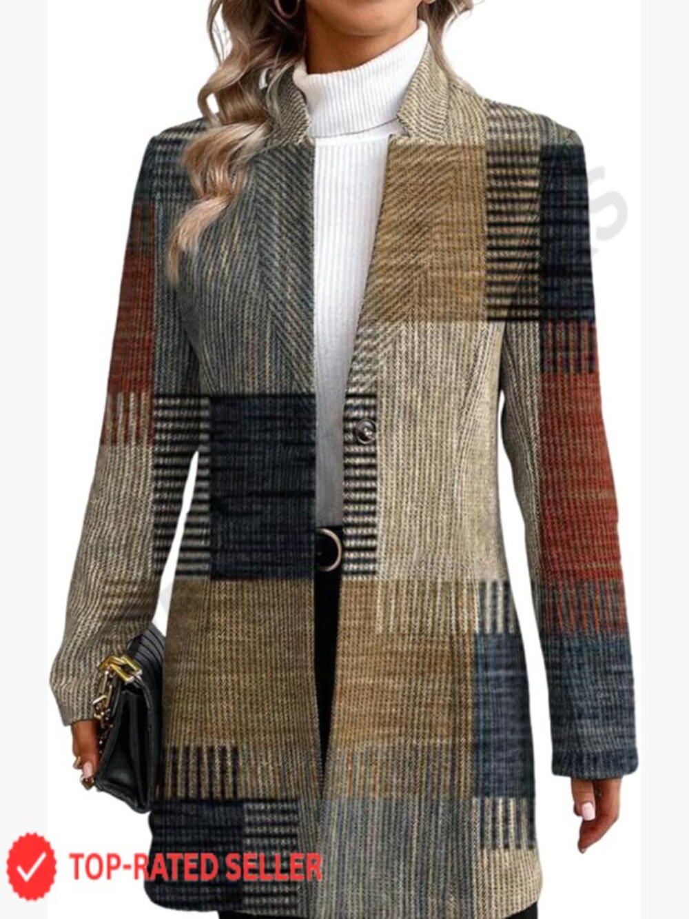 Long Blazer Jacket Open Front Loose Fit Plaid Work Office Casual Outerwear
